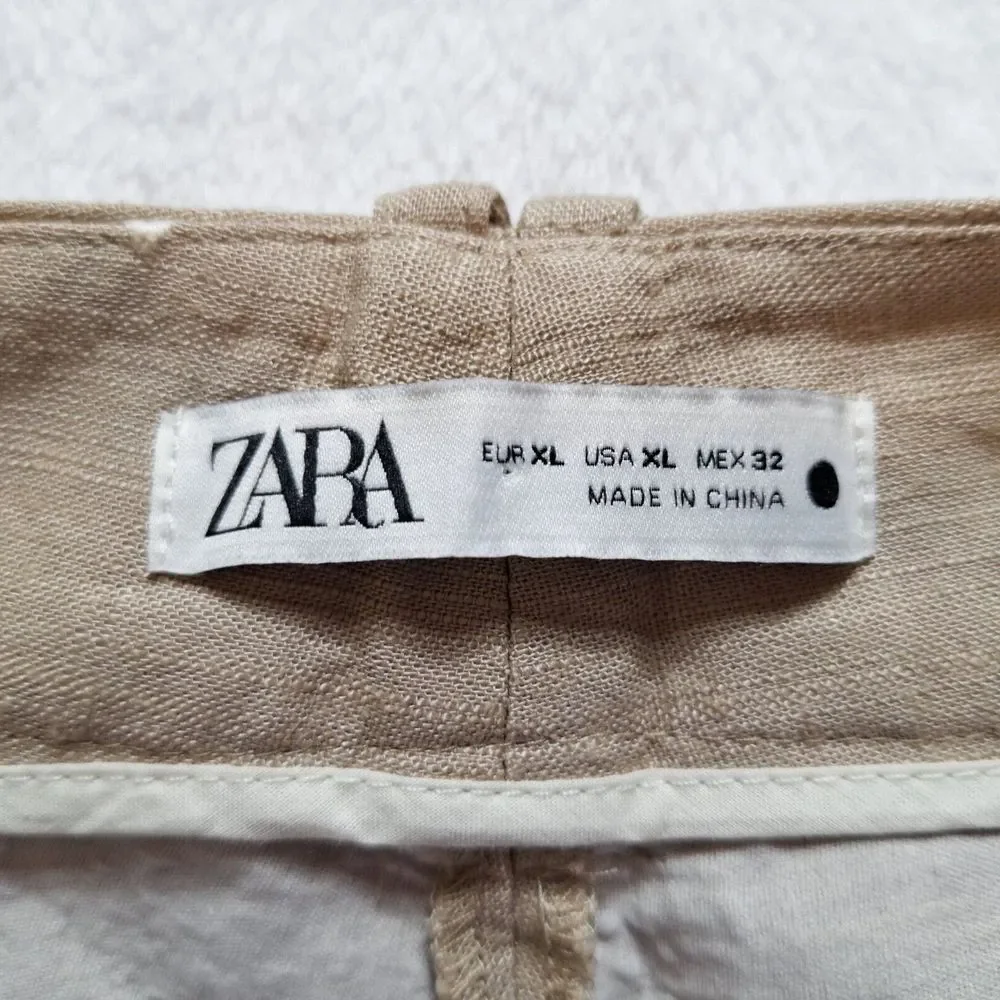 ZARA Linen Blend Embroidered Wide Leg Crop Pants Sz XL Beige Blogger Favorite